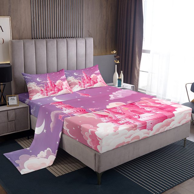 Erosebridal Girly Pink Castle Full Sheet Sets, Fairy Tale Bedding Full Size, Princess Style Decor 4pcs
