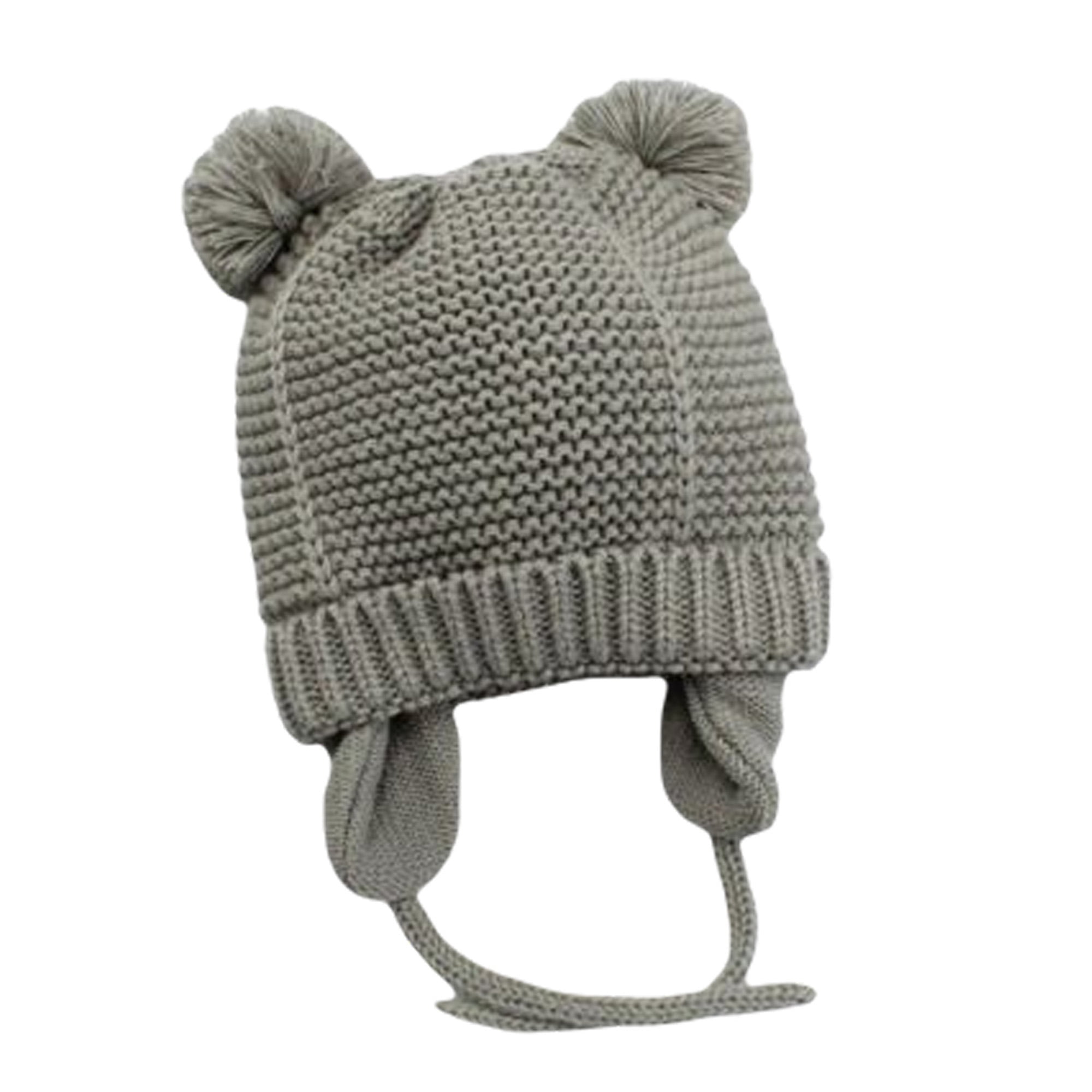 Baby POM POM HAT winter chunky crochet KNIT chin strap ties ear flaps 