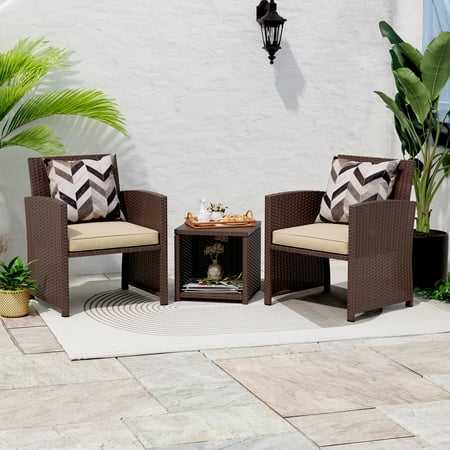 Orange-Casual Outdoor Furniture Set PE Patio Porch Chairs with Storage Side Table Rattan Cushioned Bistro Set 3-Piece Brown
