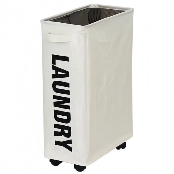 Behome 40L Laundry Basket, Laundry Bag with Four Wheels, Waterproof Collapsible Laundry Hamper, Freestanding Clothes Hamper for Laundry Room, Bedroom, Dorm, Towels, White