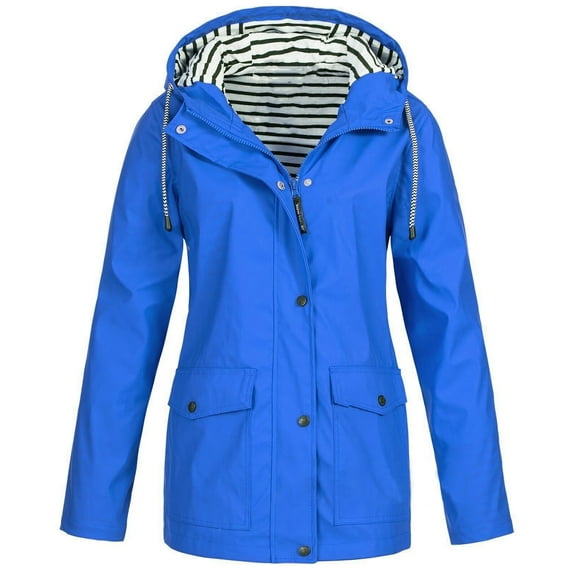 LoyisViDion Coat Women Solid Rain Jacket Outdoor Plus Size Waterproof Hooded Raincoat Windproof Blue 10(M)