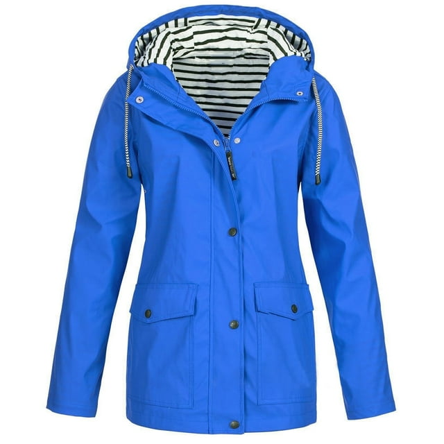 Heliisoer Women's Plus Size Solid Snap Zip Up Rain Jacket Outdoor Plus Size Waterproof Hooded Raincoat Windproof