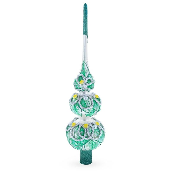 Dimensional Rope and Leaves on White Glass Christmas Tree Topper 12.5 Inches