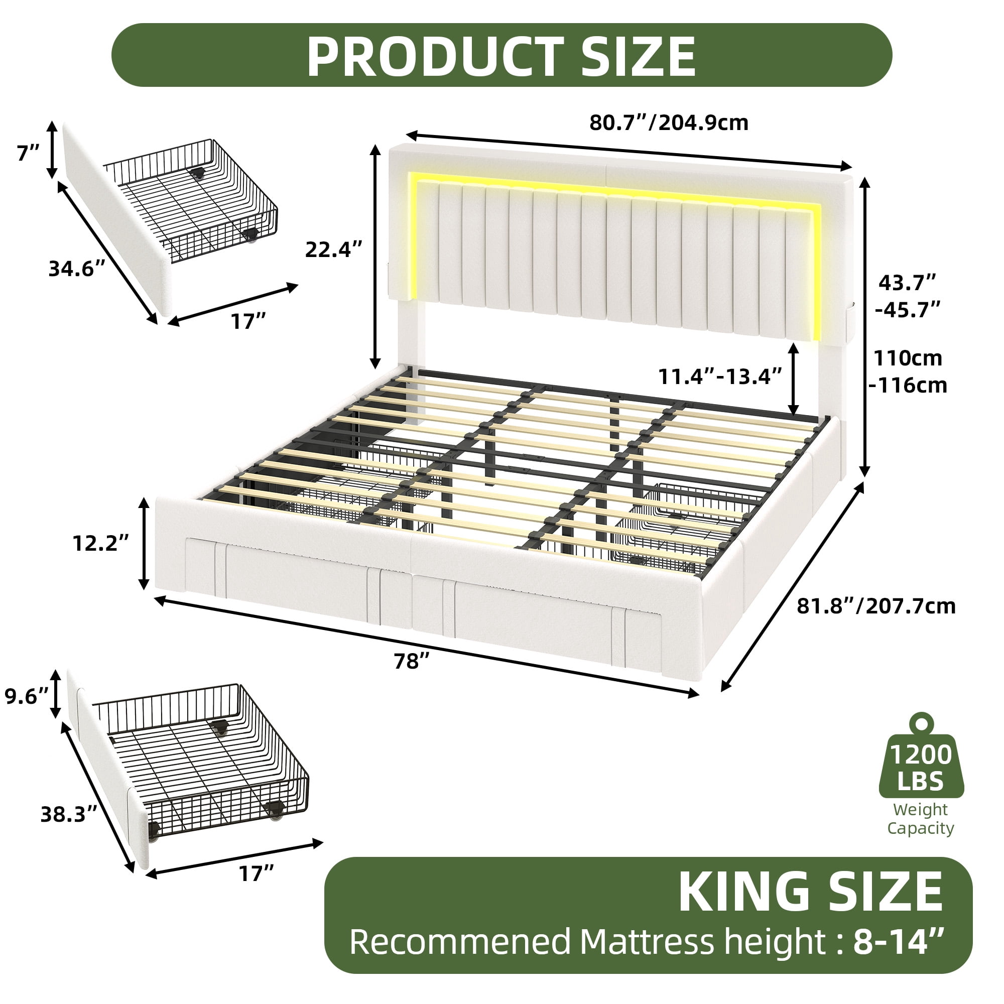 King Size Velvet Upholstered Platform Bed Frame with RGB LED Lights, 4 Storage Drawers & USB Ports (White)