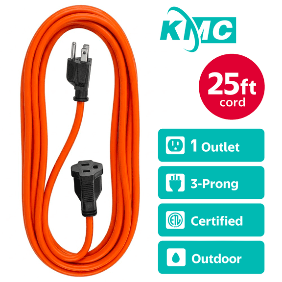 KMC Outdoor Extension Cord, 25-Foot, 16/3, Weatherproof Vinyl Jacket, Orange