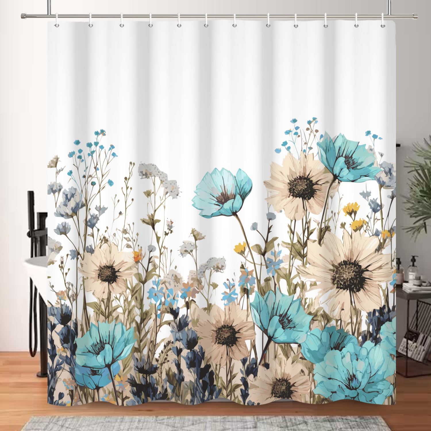 SUNOLIFE Spring Floral Shower Curtain,Teal Flowers Waterproof Polyster Bathroom Curtain, 60x72 in