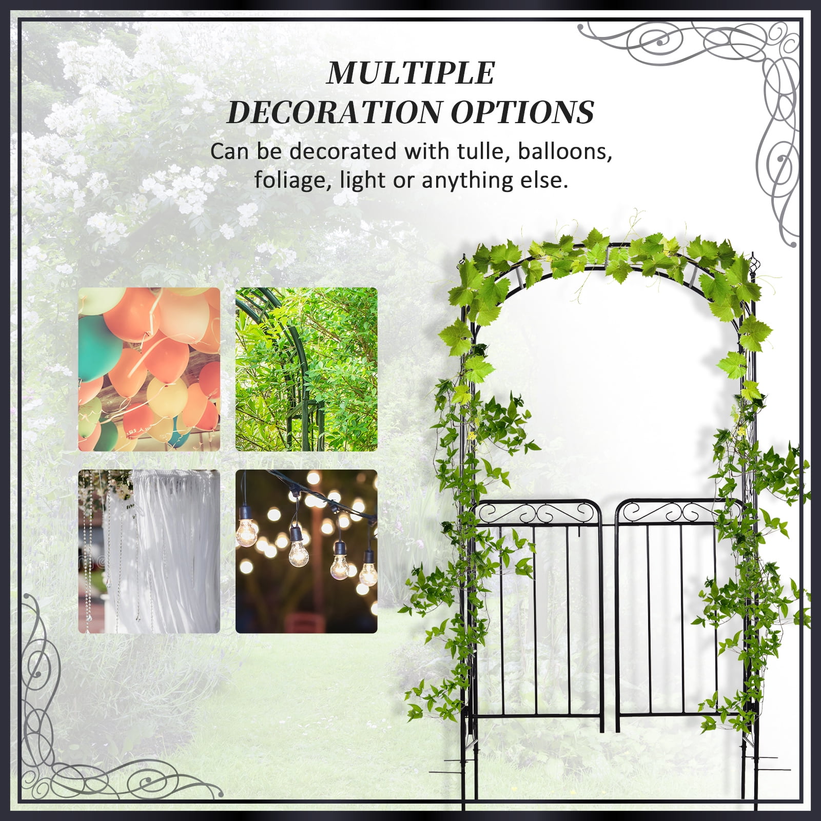 84" Garden Arch Arbor with Gate, Metal Arch Trellis, Garden Archway for Climbing Vines, Wedding Ceremony Decoration, Flourishes & Arrow Tips, Black