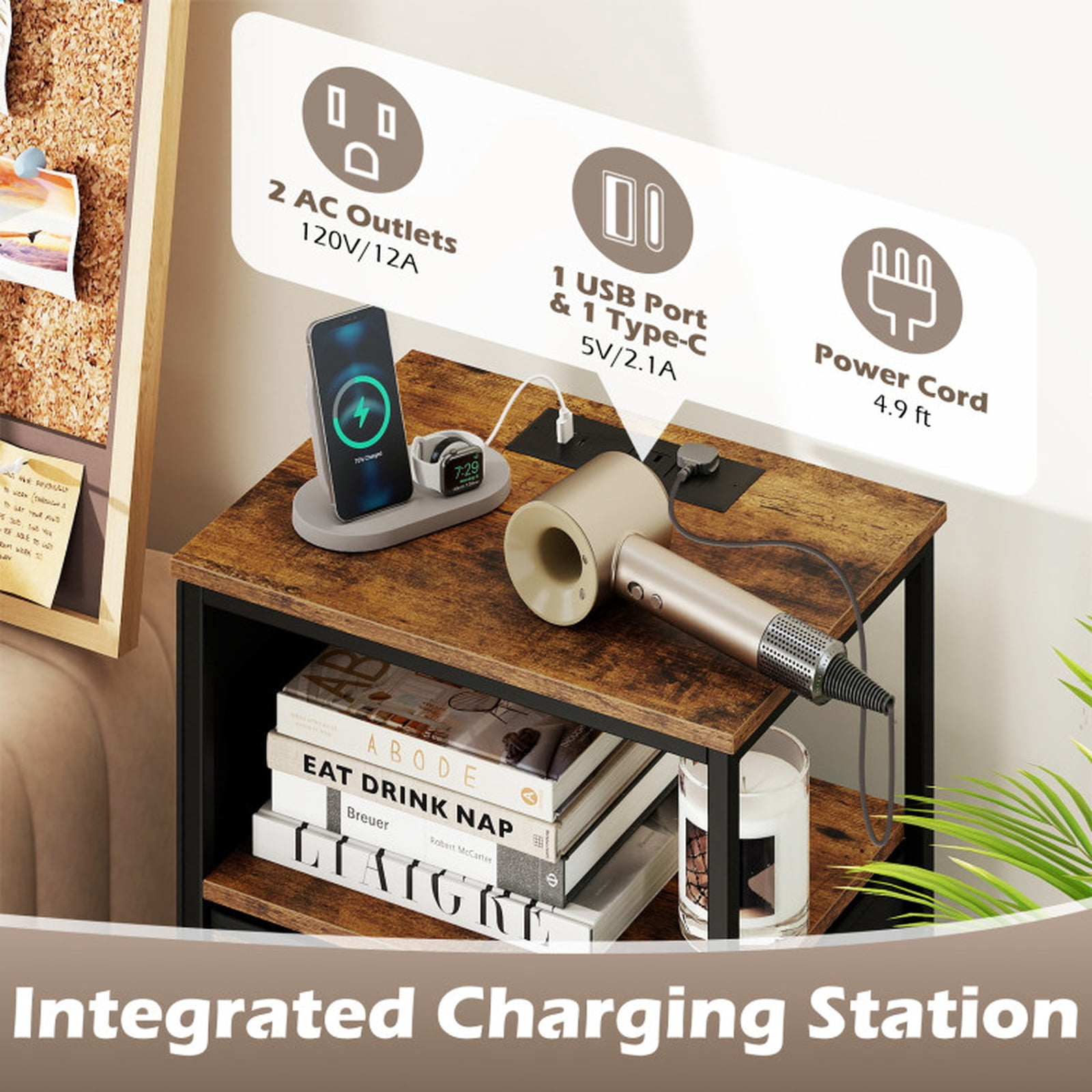 Furnibear 39 Inch Tall Nightstand with Integrated Charging Station and 5 Fabric Drawers