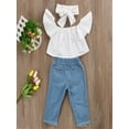 thumbnail image 3 of Gureui 3 Pcs Toddler Girls Jeans Set, Off Sloulder Top Ruffle Blouse + Blue Ripped Long Jeans + White Bowknot Headband Suits, 3 of 7