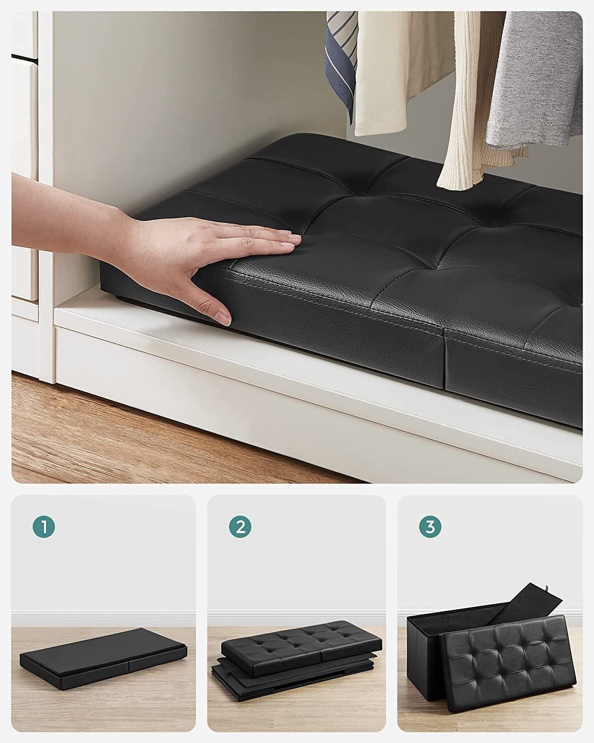 SONGMICS 30" Folding Storage Ottoman Bench Faux Leather Ottoman Footrest Black