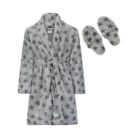 Sleep On It Boys Stars Plush Fleece Shawl Collar Robe with Matching Slippers - Gray, S-6/7