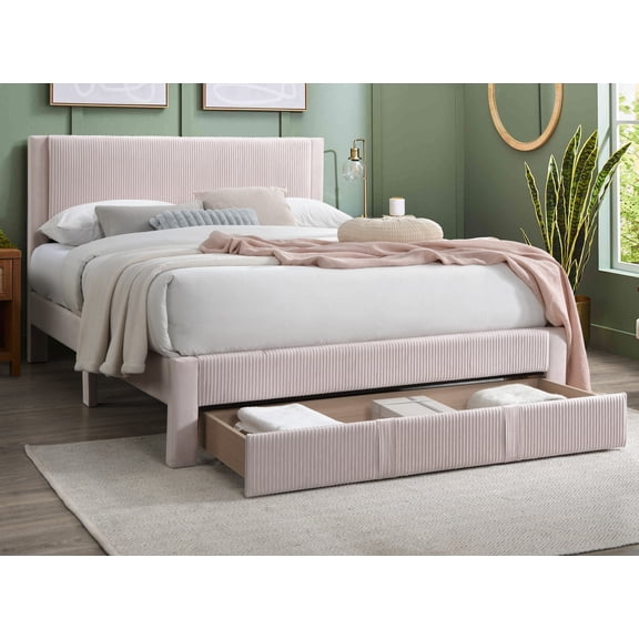 New Contemporary 1pc Queen Size Bed w Storage Drawer Light Pink Corduroy Texture Design Platform Bedframe