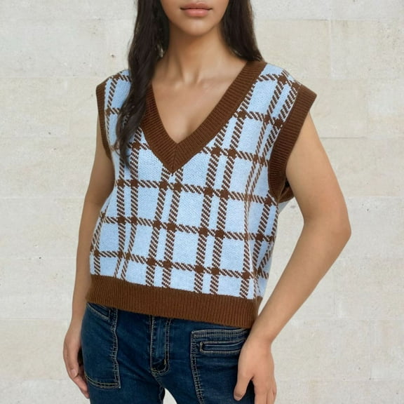 Amidoa Crop Sweater Tops for Women Light Blue V-Neck Sleeveless Summer Plaid Cute Sweater Vests Women's Cardigans
