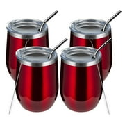 Wine Tumbler, 12oz 4 Pack Insulated Wine Tumbler with Lid and Straw, Double Wall Vacuum Stainless Steel for Cold & Hot Drinks, Red