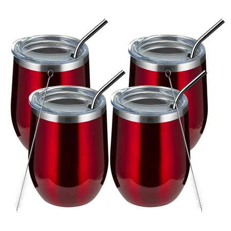 Wine Tumbler, 12oz 4 Pack Insulated Wine Tumbler with Lid and Straw, Double Wall Vacuum Stainless Steel for Cold & Hot Drinks, Red