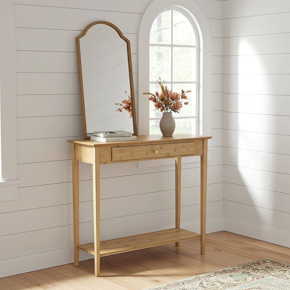 Solid Bamboo 2-Tier Console Table with Drawer Natural