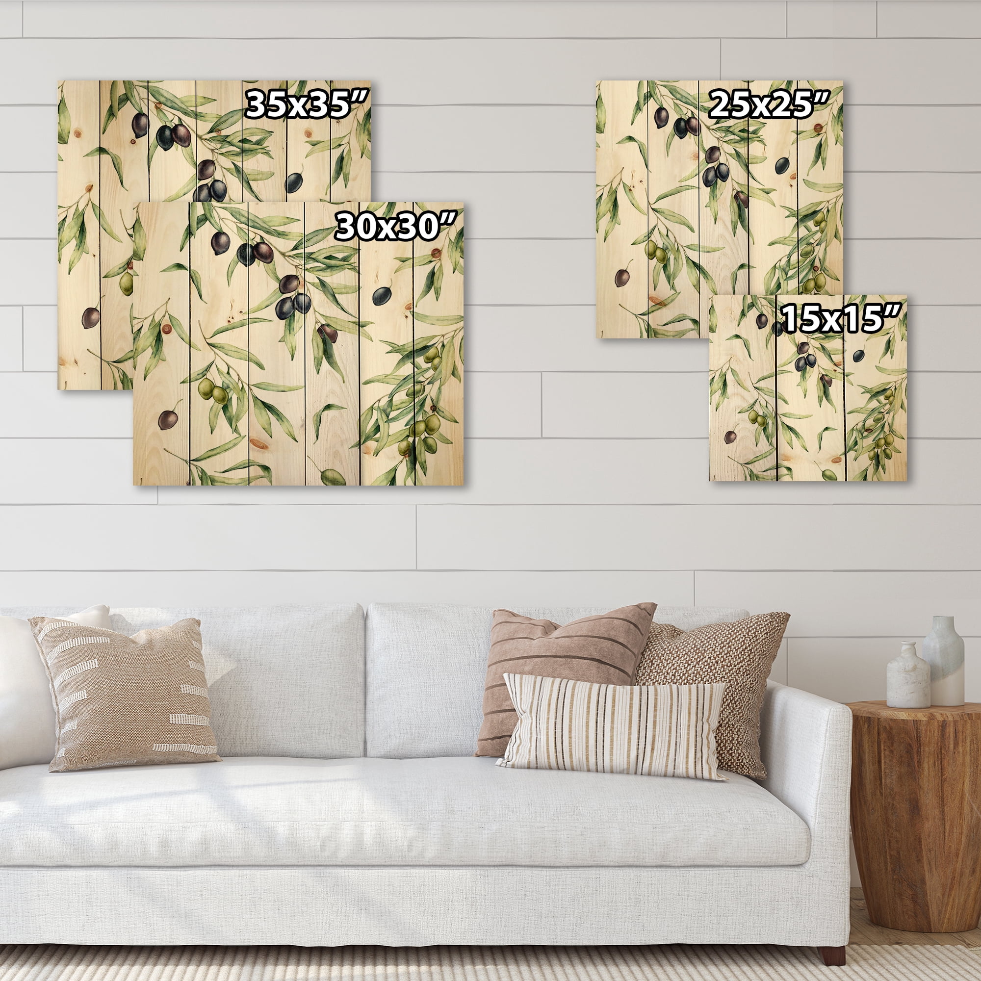Designart 'Black and Green Olives With Olive Branches & Leaves' Lake House Print on Natural Pine Wood