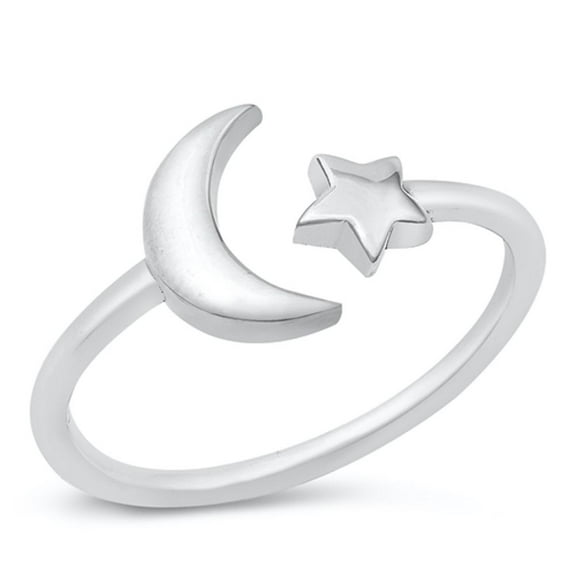 Adjustable Crescent Moon Star Ring 925 Sterling Silver Band Jewelry Female Male Unisex Size 5