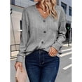 thumbnail image 4 of Suéter de Punto con Botones para Mujer, Camiseta Holgada Informal de Larga con Cuello en V para Otoño e Invierno Gris S, 4 of 7