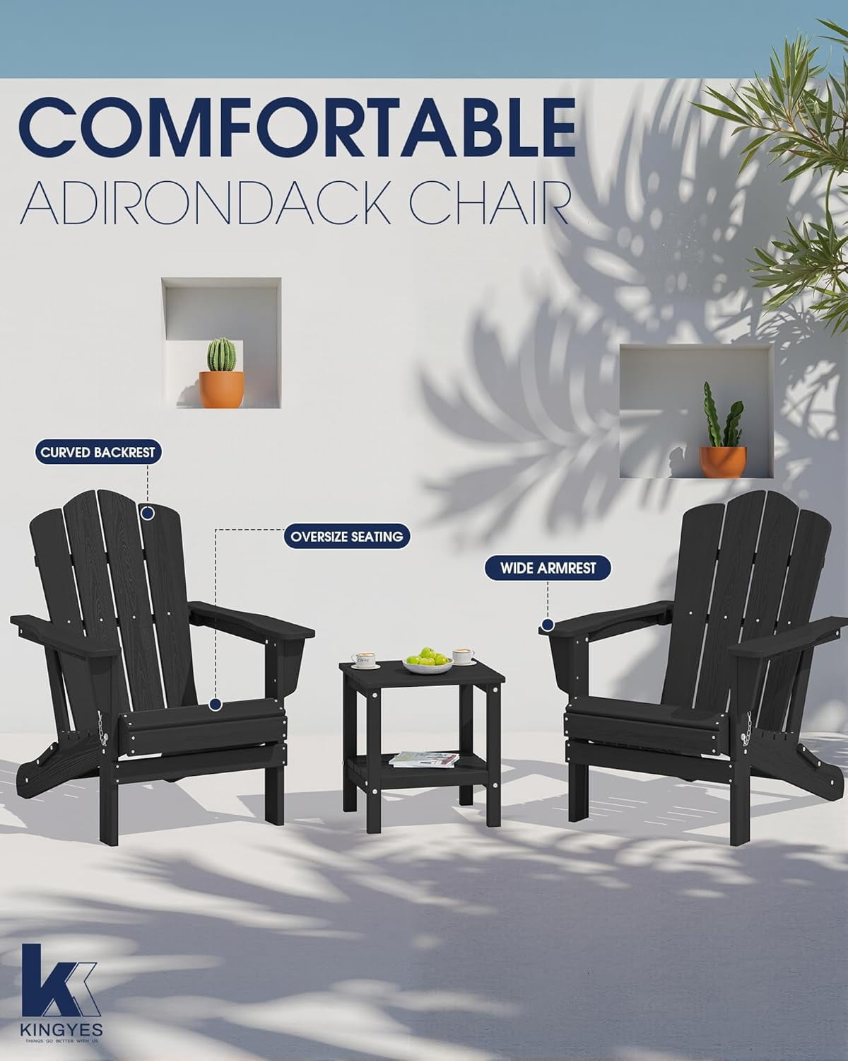 SONGMY Folding Adirondack Chair, HDPE All-Weather Patio Chairs, Wooden Textured Lawn Chair for Poolside, Backyard, Deck, Fire Pit, Black