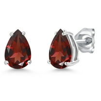 Gem Stone King 14K White Gold Red Garnet Double Notch Stud Earrings | 2.62 Cttw | Gemstone January Birthstone | Pear Shape 8X6MM | Gold Earrings for Women Men