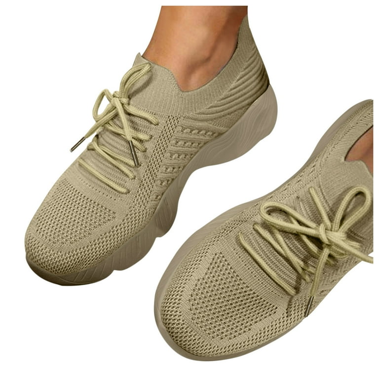 keusn sneakers for women solid color mesh breathable round toe lace up low top flat sneakers slip on walking running tennis sneakers khaki size 9