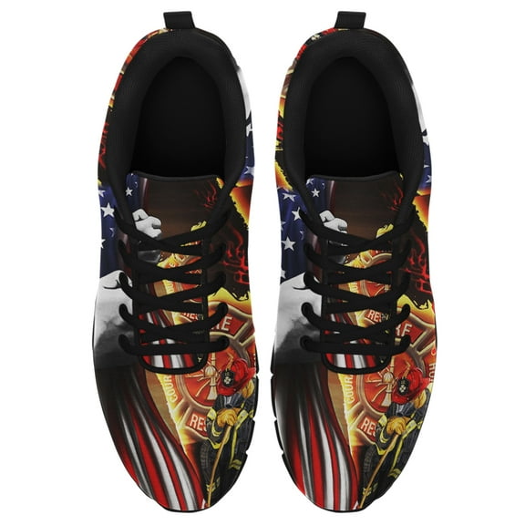 Firefighter Jesus Christian American Flag Running Shoes Sneakers Mesh Black Size 3.5