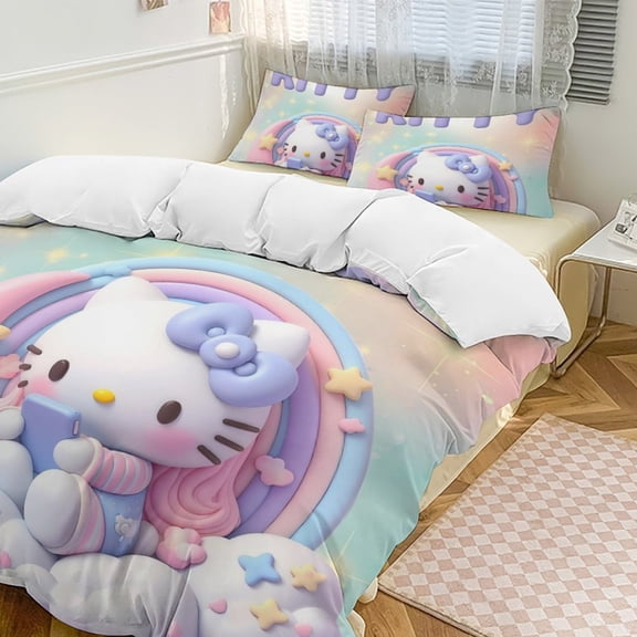 Cartoon Hello Kawaii Cat Bedding Set 3 Piece, 1 Printing Duvet Cover And 2 Pillowcase Comforter Sets Super Soft Set 86"x70"