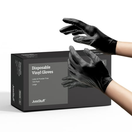 

JussStuff Vinyl Gloves Multifunction Kitchen Gloves All-Purpose Latex Free Powder Free - Black - Box of 100 Gloves (Large)
