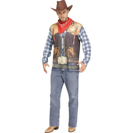 Fun World Cowboy Shirt Hat Bandana 3pc Men Costume, One-Size, Blue Brown Red