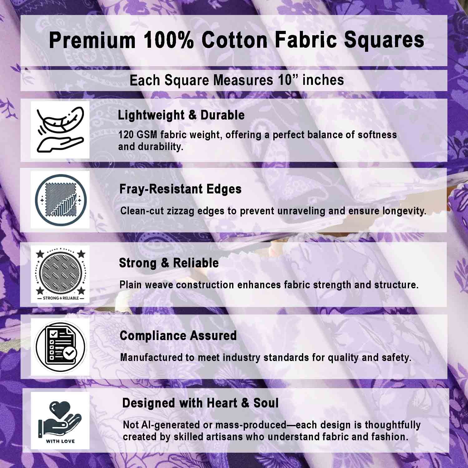 40 Pcs Cotton Bundles Charm Packs for Quilting, DIY Fabric Bundle Square, Fat Quarter Layer Cake, Fabric Scraps for Crafts, Precuts Quilt Squares 10 x 10 inches - Purple Paisley Blooms