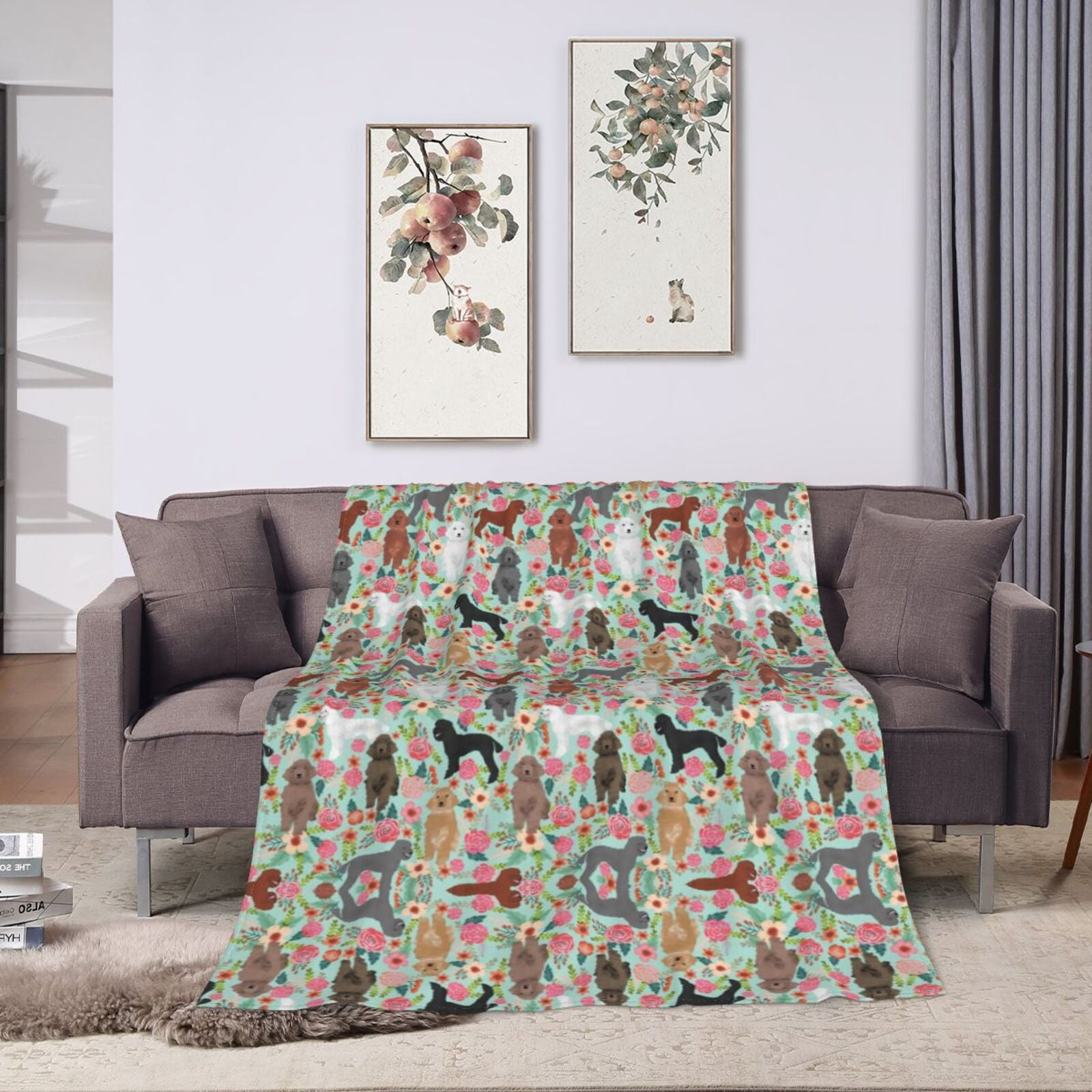 Wijzvio Poodle Dogs Flower Floral Throw Blanket Soft Fuzzy Fleece Blanket For Couch Bed Living Room Decoration 60"X50"