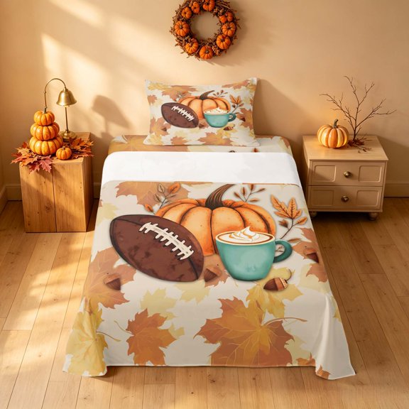 Homewish Thanksgiving Pumpkin Twin Sheets, Botanical Leaves Bedding, Beige Teal Brown Orange, 3-Piece (1 Flat Sheet, 1 Fitted Sheet and 1 Pillowcase)