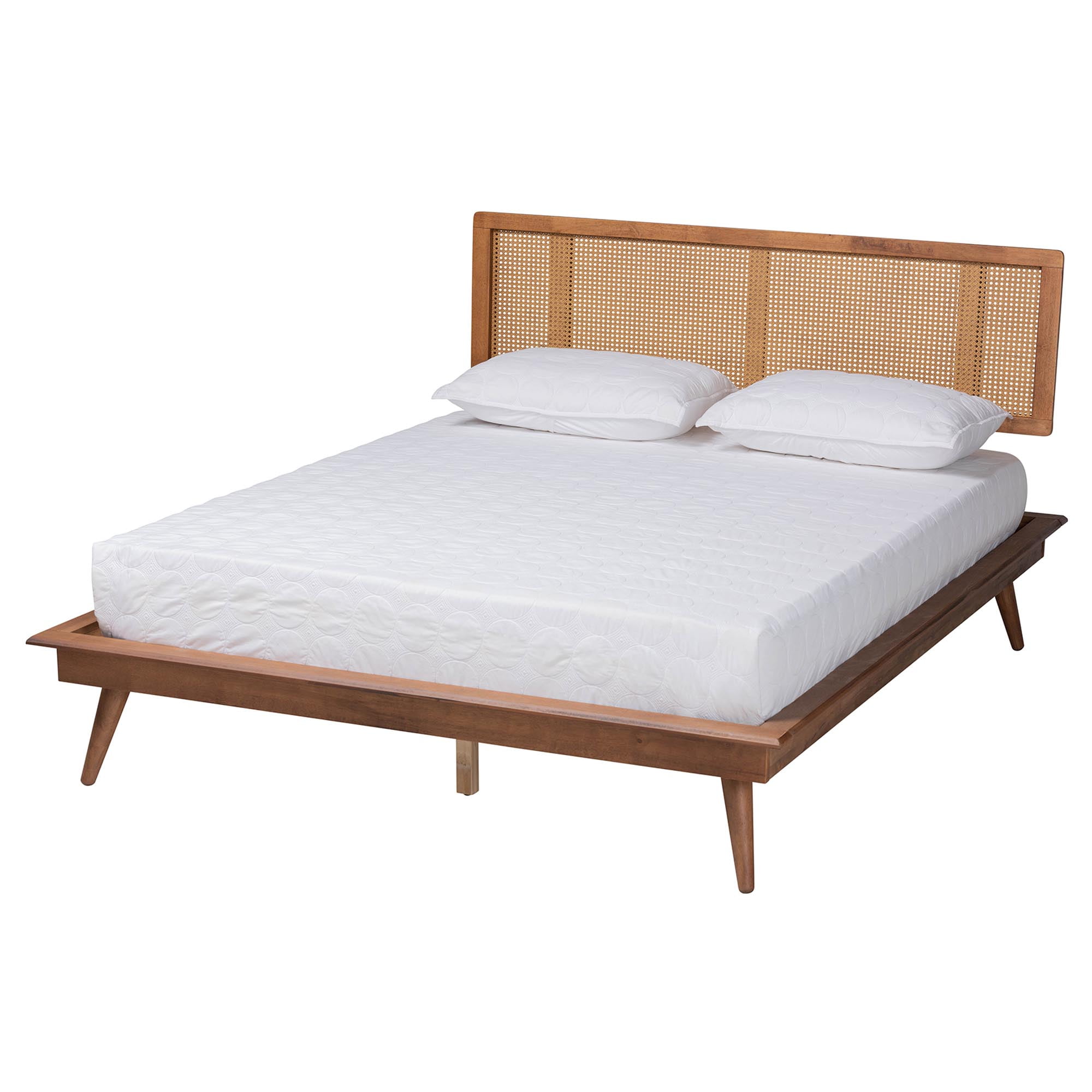 Baxton Studio Nura Mid-Century Modern Walnut Brown Finished Wood and Rattan King Size 3-Piece Bedroom Set