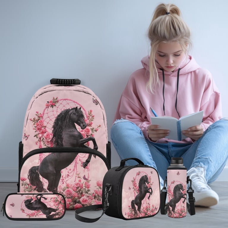 Yspwyqan Black Horse Girls Backpack Lunchbox Set, Pink Rose 4Pcs
