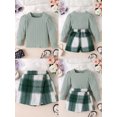thumbnail image 2 of Pudcoco Kids Girl Fall Outfits Solid Color Square Neck Long Sleeve Tops Buttons Mini Plaid Skirts 2Pcs Clothes Set, 2 of 8
