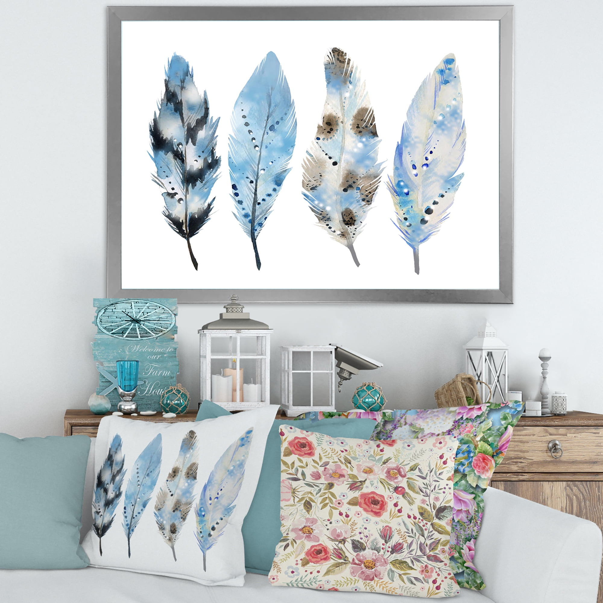 Designart 'Abstract Blue Boho Feathers I' Bohemian & Eclectic Framed Art Print