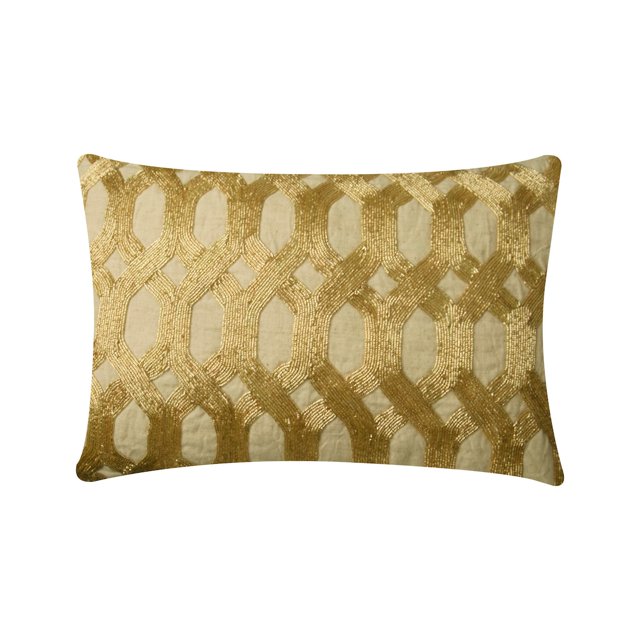The HomeCentric Decorative Beige & Gold 12"x20" (30x50 cm) Lumbar Pillow Covers, Linen Lattice, Trellis & Beaded Rectangle Pillow Covers, Geometric Pattern Modern Style - Golden Lattice Glow
