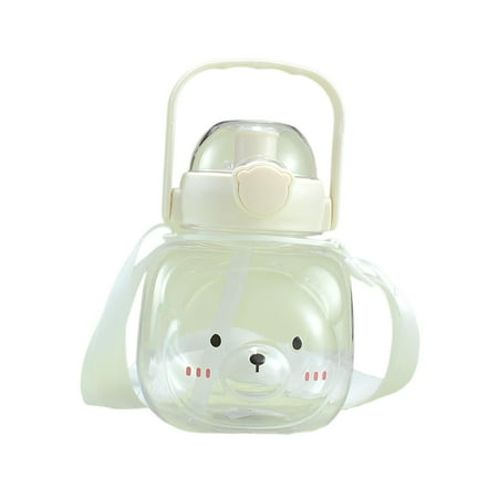 

900ml Bear Kettle Drinking Cup Wide Mouth with Strap Outdoor Sports Straw Cup Children Water Bottle for Office Camping Travel Hiking Outdoor Beige white