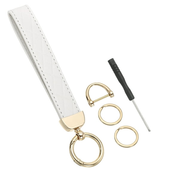 Uxcell PU Leather Wristlet Keychain Car Key Chain with 2 Key Ring and Anti-Lost D-Ring, White