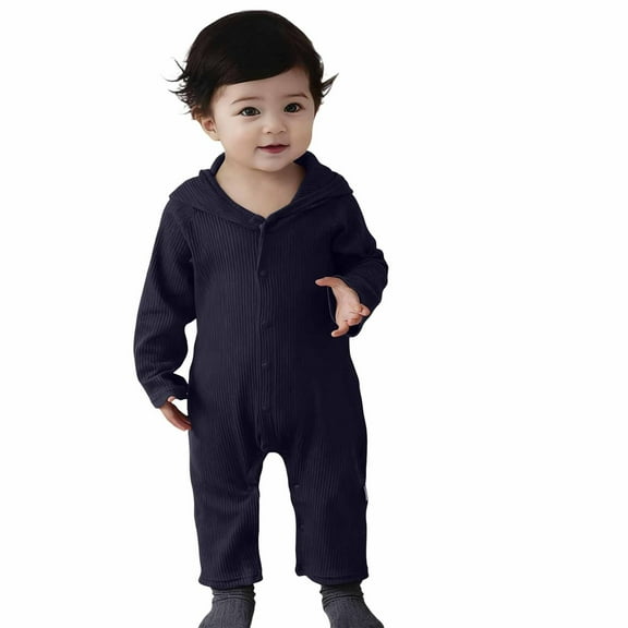 DHFJKG Infant Toddler Ribbed Hooded Jumpsuits Winter Clothes Long Sleeve Solid Color Button Down Onesie Newborn Lightweight Comfort One-Pieces
