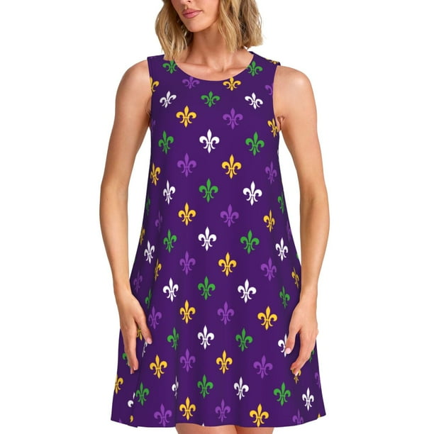 Fotbe Purple Mardi Gras Vestido de Verano sin Mangas para Mujer – Vestido Midi Línea A, Estilo Camiseta Floral, Vestido Playero Casual y Fluido