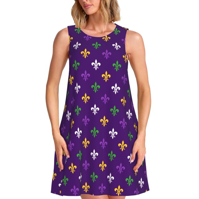 KLL Robes d'Été pour Femmes Motif Mardi Gras Violet 2025, Robes Décontractées Sans Manches à Col Rond avec Poches