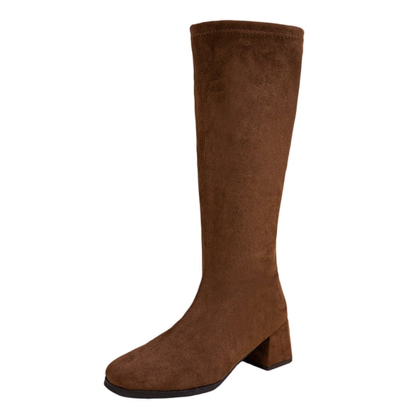 PFWOWB Women's Faux Suede Knee High Boots with Square Toe, Side Zipper and Chunky Block Heel (Coffee,7)
