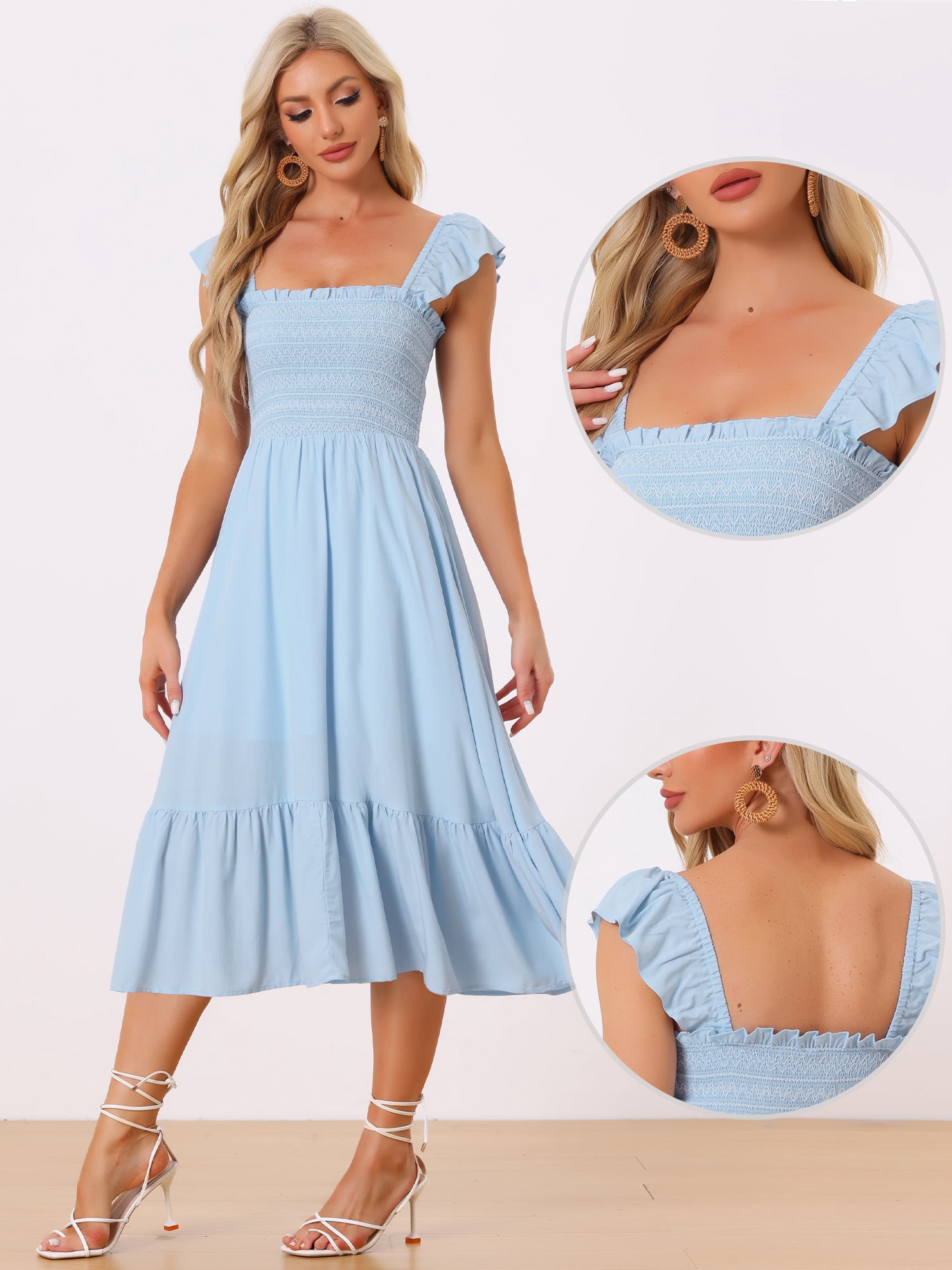 DARING DIVA Square Neck Boho Sleeveless Ruffle Tiered Smocked Sundress XL Light Blue