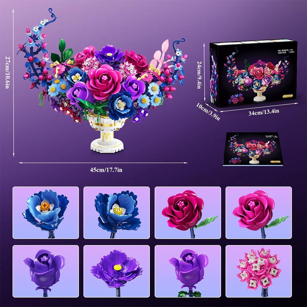 TERRAMUS Moon Flower Bouquet Building Set with LED Light, 1274 Pcs Crescent Shape Floral Building Kit, Lunar Flower Display Model Blocks Toy for Ages 12+