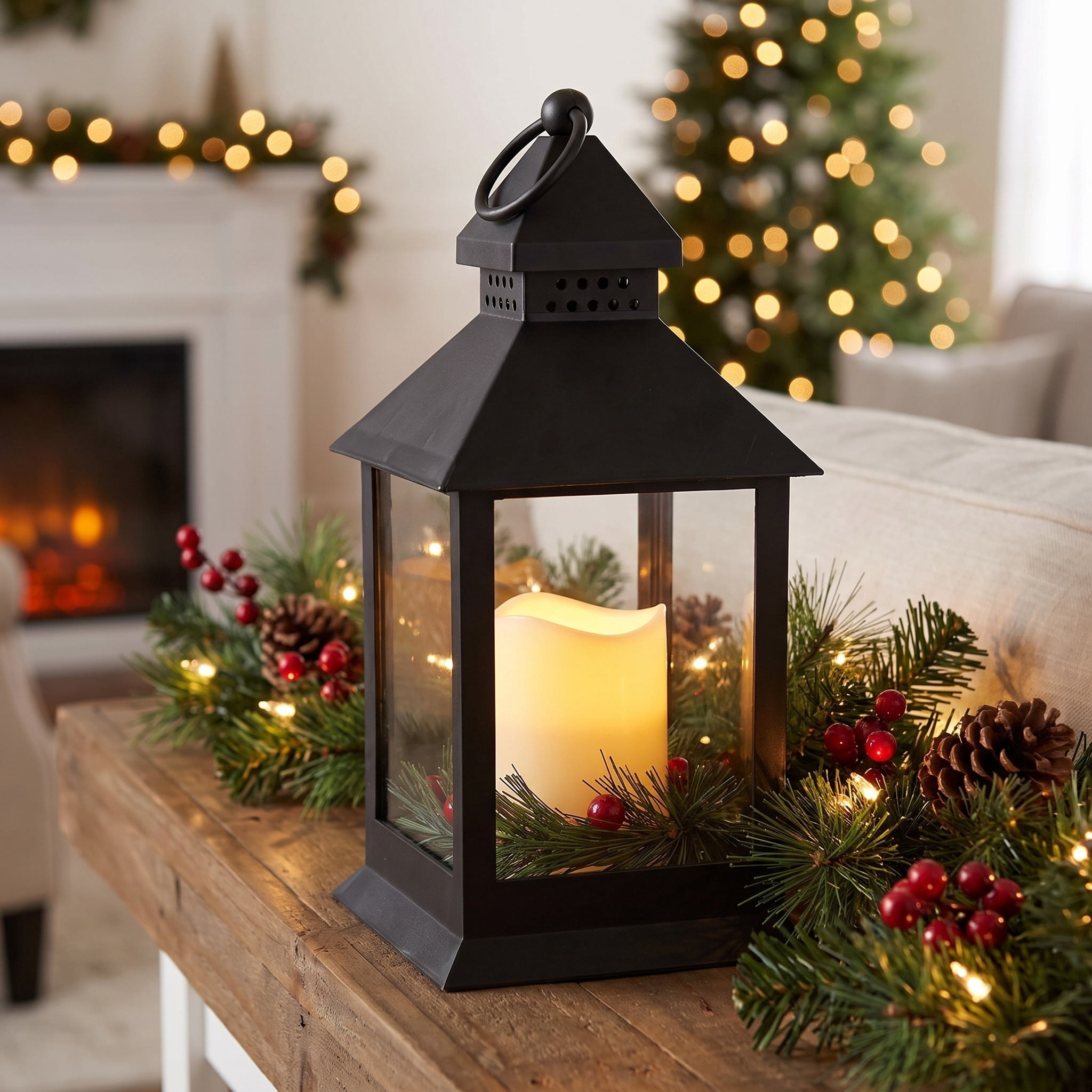 Light-Up Flameless Candle Lantern Christmas Decoration, Black, 9", by Holiday Time