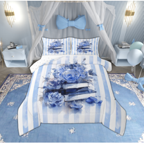Manfei Romantic Rose Books Queen Comforter Set, Fashion Watercolor Bedding Sets, White Blue Stripes Reversible Bedding Comforter Set, Breathable Home Decor, 3 Pieces