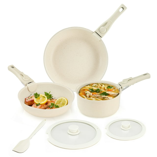 edx 12pcs Cookware Set, Non-Stick Pots Pans Set with Detachable Handle Multi-Function for Home Kitchen, Beige