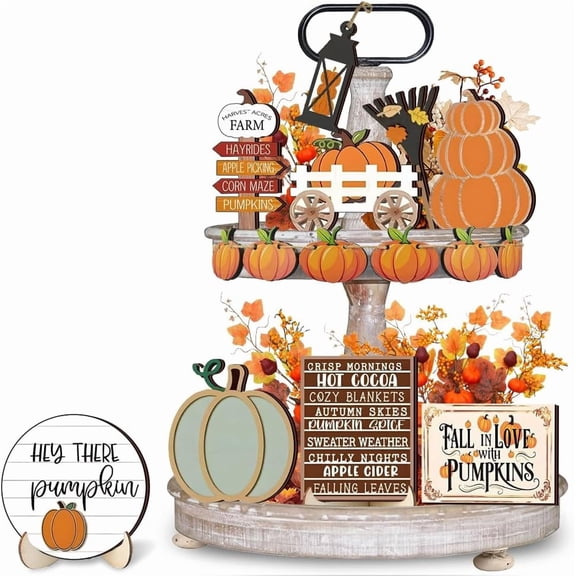 15 Pcs Fall Tiered Tray Decor, Pumpkin Fall Decorative Signs, Autumn Thanksgiving Wooden Decorations for Home Kitchen, Farmhouse Table Decor